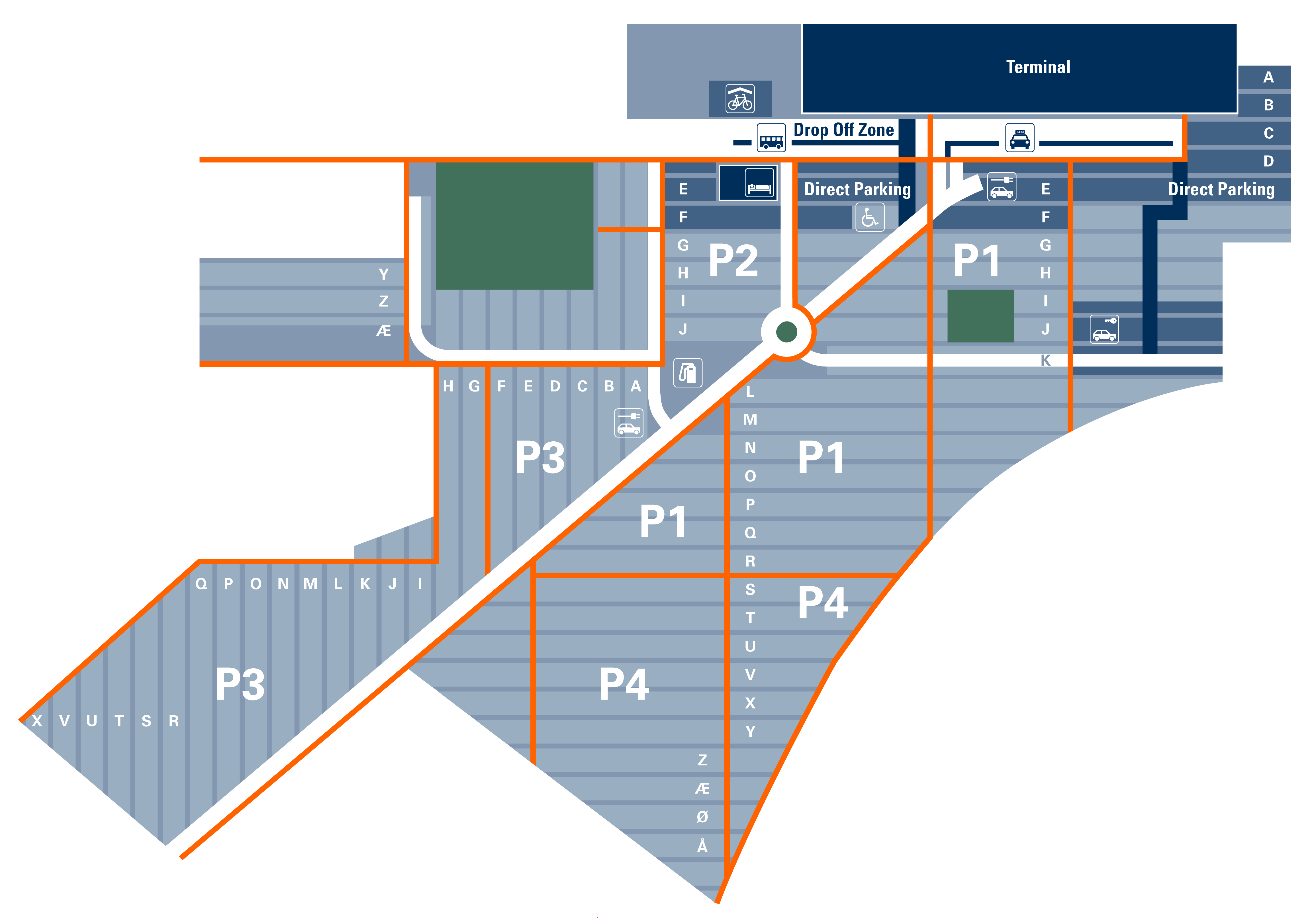 Oversigtskort over Aalborg Lufthavns parkeringsområde